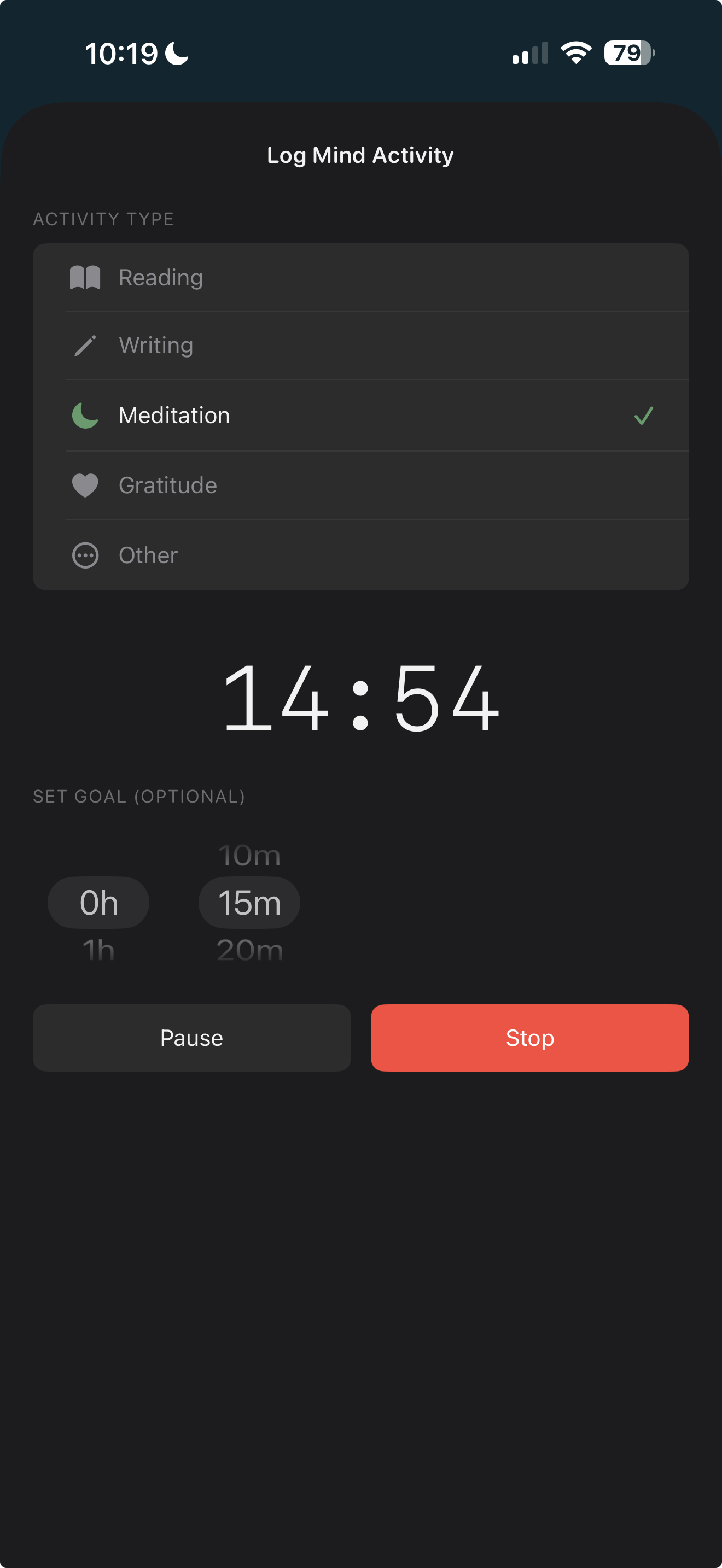 Meditation timer running screen